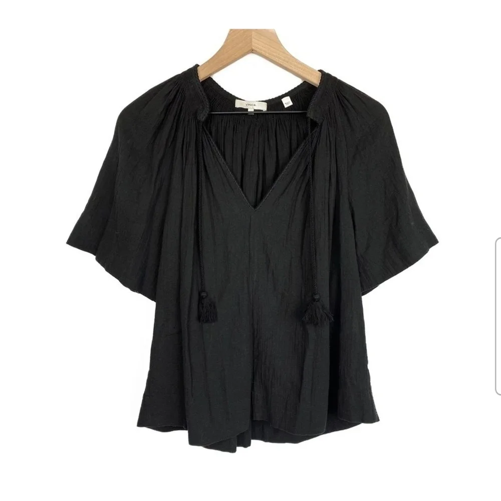 Vince Black Short Sleeve Poet Blouse with Tassle Ties - Picture 5 of 8